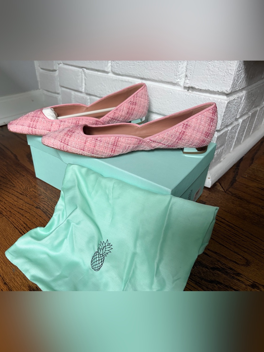 Aquazzura Maia Pink Tweed Pointed Flats with Silver Accent